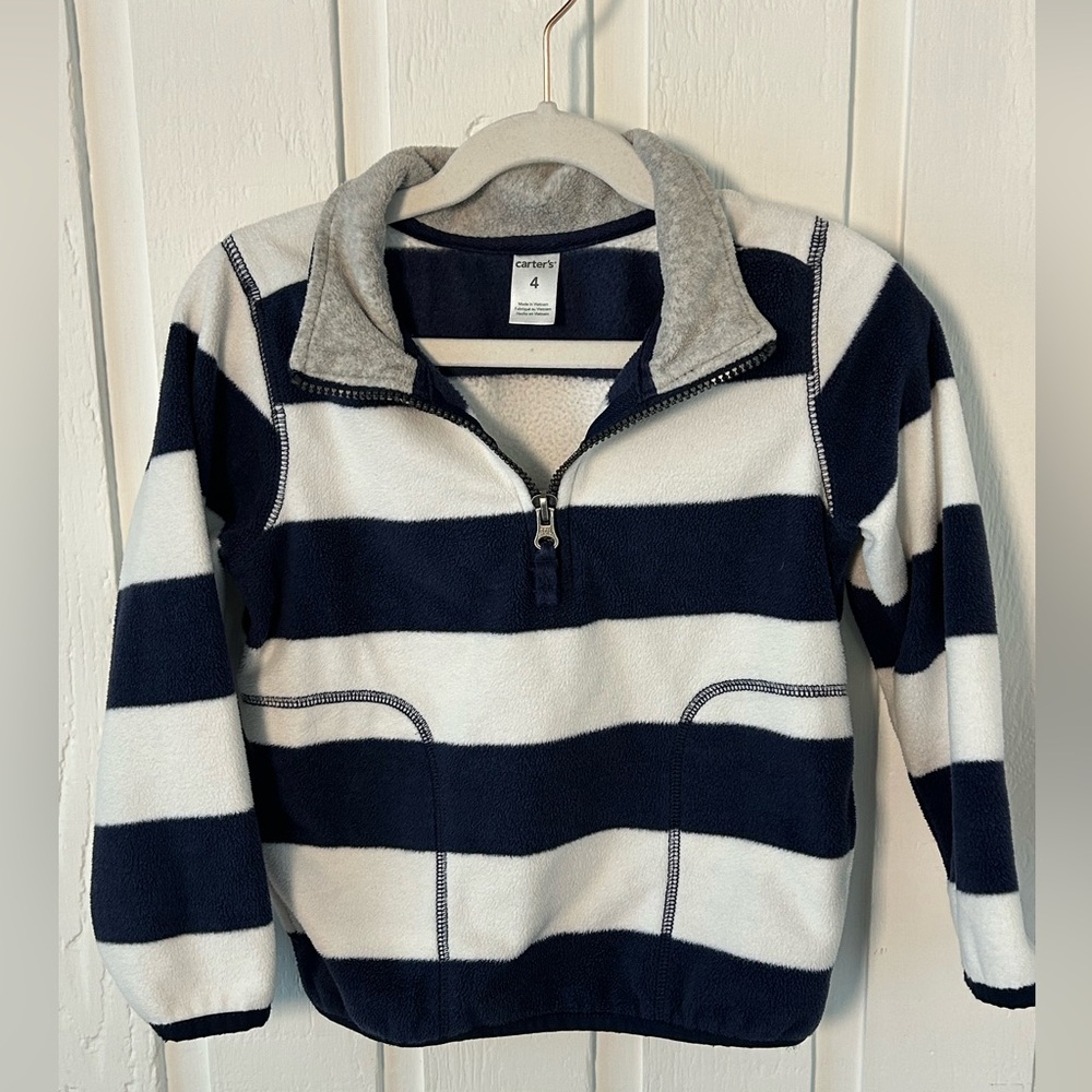 Striped Navy and White Quarter-Zip Fleece Pullover